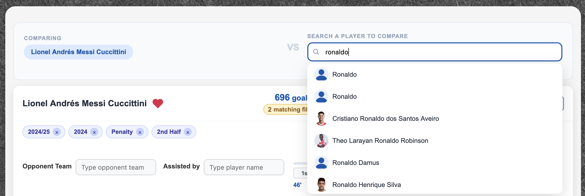 Player compare search panel showing Ronaldo results