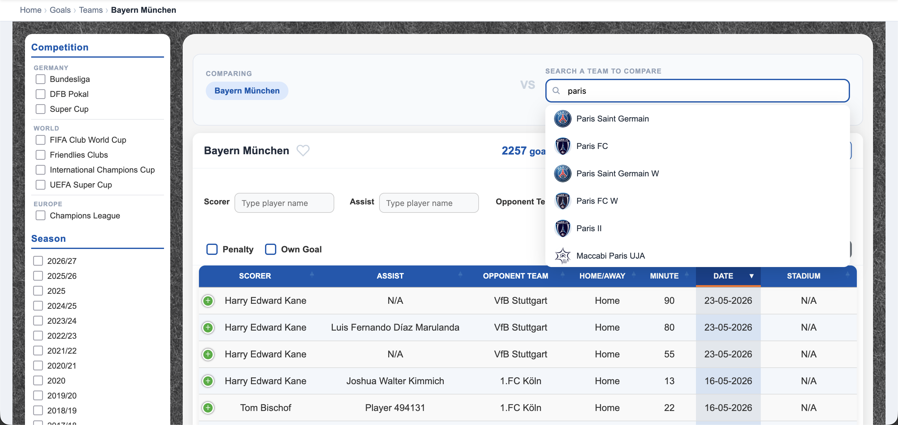 Team compare panel with search results showing Paris Saint Germain