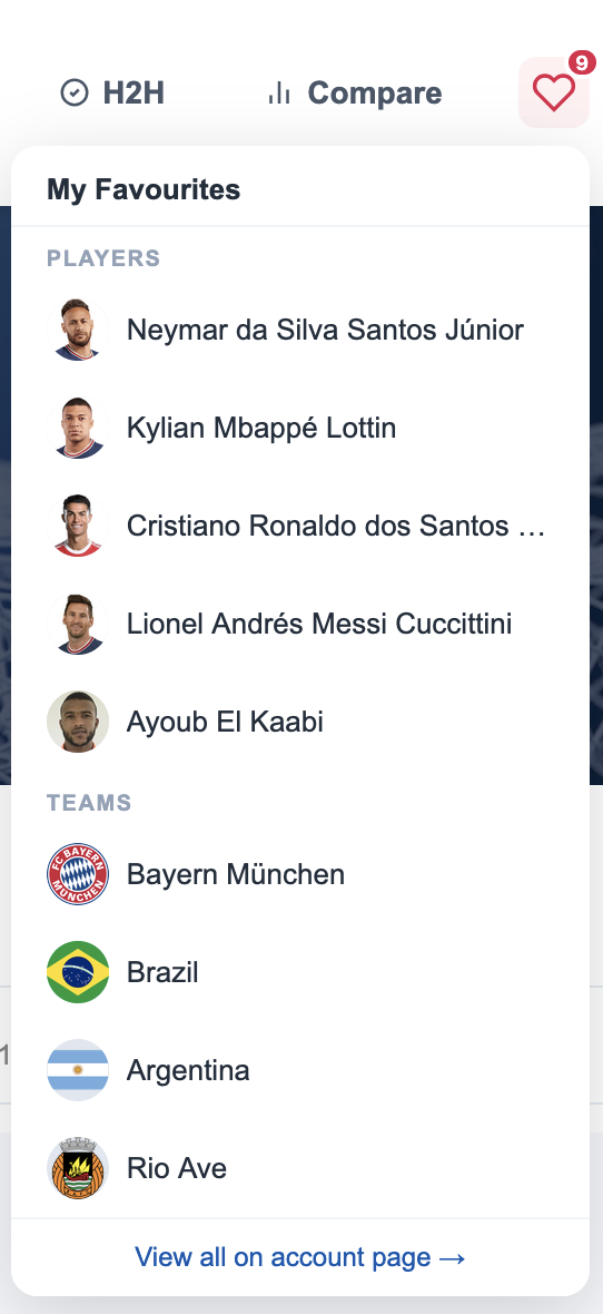 Favourites panel showing saved players with photos and teams with logos